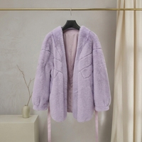 Veste en fausse fourrure de vison polyester lavande pour femme, col en V, poignets bouffants, ruban en satin, ouverture sur le devant, vêtement d'extérieur en fourrure de luxe