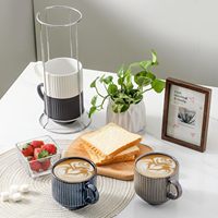 Ensemble de tasses à café en céramique empilables de style nordique avec support métallique, logo personnalisé, tasses en porcelaine côtelées empilables pour la maison (15 oz)