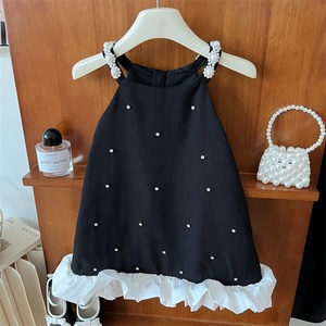Robe d'été décontractée noire à bretelles spaghetti avec décorations de perles et ourlet à volants pour fillette - Product Image 6