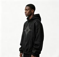 Sweat-shirt à capuche surdimensionné en coton épais 100 % personnalisé avec impression Kornit, effet vieilli et délavé, motif étoile thermocollé en strass