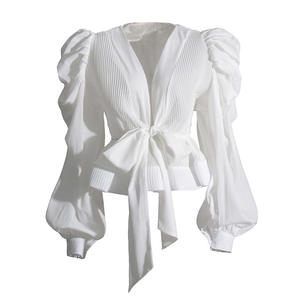Zhezhe Nieuwkomers V-Hals Poff Mouw Geplooide Dames Shirts Voor Dames Met Ruches Met Veters Taille Damesblouses - Product Image 4