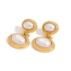 Pearl <b>Stud</b> <b>Earrings</b> 18K Gold Plated Geometric Design Bezel Setting Women's Everyday Wear - Product Image 5