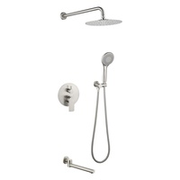 Système de douche rond en nickel brossé 3 voies à montage mural dissimulé, avec douchette multifonction, bec de baignoire et ensemble de douche pluie