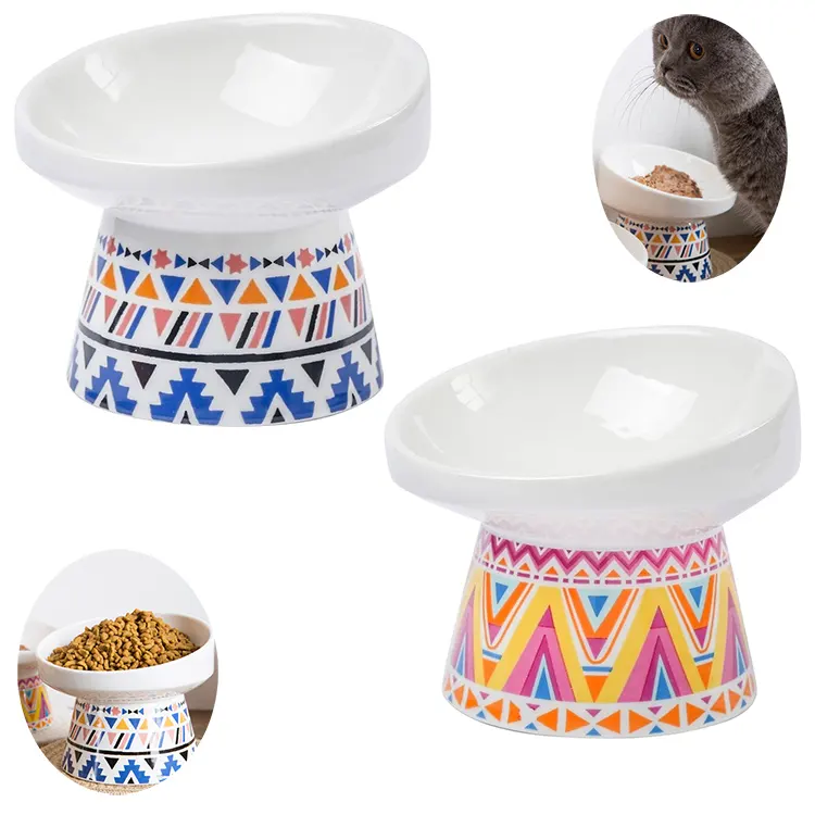 Stile bohemien arrotondato in ceramica inclinato elevato sano sicuro Pet Cat contenitore a ciotola singola per gatti di piccola taglia con faccia piatta