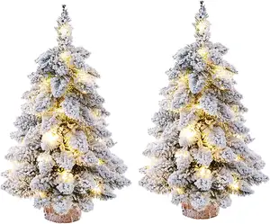 18 snow flocking artificial Christmas Tree with light and wood base mini white piece 45 cm /17.7 inches