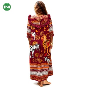 Vestido Largo Bohemio con Cuello con Volantes, Puños Elásticos Plisados con Bolsillo Lateral, Tela con Estampado Personalizado, Vestidos Estilo Tribal - Product Image 2
