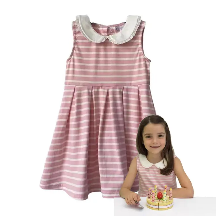 2024 çocuk moda giyim yaz ışık ve nefes kolsuz çocuklar kızlar için çizgili pembe sevimli elbise