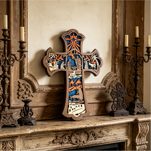 Décoration murale de Noël originale en forme de croix, 9 pouces, en bois sculpté, art mural religieux, ornement de Noël en bois en forme de croix de la Nativité - Product Image 1