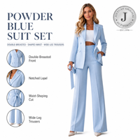 Ensemble de costume bleu poudré pour femme, blazer croisé à revers crantés et pantalon large, tenue de cérémonie, pour acheteurs en gros