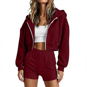 Ensembles de vêtements pour femmes, shorts ajustés et sweat-shirts à capuche zippés, ensembles de 2 pièces pour la détente, mélange de polyester/coton, 320 GSM - Product Image 2
