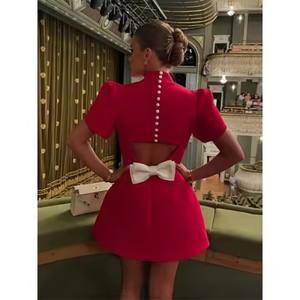 Abito da sera da donna 2025 moda moda donna rosso girocollo a vita alta abiti a trapezio Mini abito elegante con fiocco - Product Image 1