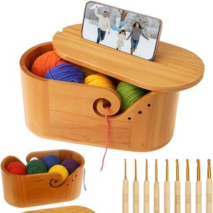 <b>Vintage</b>-colored hand-knitted yarn storage bowl, wooden knitted yarn ball storage <b>box</b> with lid, oval yarn bowl - Product Image 1