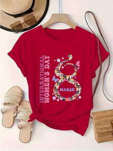 T-shirt per la Giornata Internazionale della Donna, da donna, a maniche corte, girocollo, con stampa grafica, in tessuto jersey casual, per tutte le stagioni, vestibilità regolare - Product Image 1