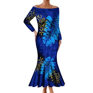 Abito a Sirena Lungo con Stampa Hawaiana Cyathea Dealbata, Maniche Lunghe e Spalle Scoperte, Vestito Polinesiano Personalizzato per Donne - Product Image 3