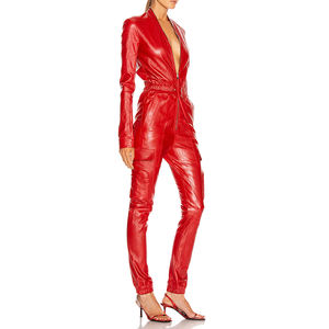 Rosso Profondo Scollo A V Delle Donne Magro <span class=keywords><strong>di</strong></span> Un Pezzo <span class=keywords><strong>di</strong></span> Cuoio Cargo Tuta Con <span class=keywords><strong>Pantaloni</strong></span> Lunghi - Product Image 3