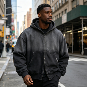 Sweat à capuche zippé personnalisé délavé dégradé en molleton épais, coupe courte et ample, avec poche à rivets métalliques, style streetwear vintage pour homme - Product Image 6
