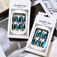 Lot de 48 faux ongles à presser bleus pailletés effet œil de chat pour mains et orteils, forme amande carrée, pour pédicure