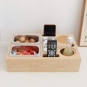 Bamboo <b>Storage</b> <b>Tray</b> With Stainless Steel Compartments Multifunctional Snack And Fruit Organizer For Sofa Use Rectangle Shape - Product Image 1