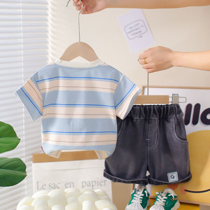 2025 nuevo estilo, traje de verano informal para niños, conjunto de dos piezas bordado a rayas para niños con mangas cortas, ropa informal para bebés - Product Image 2