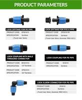 Connecteur de raccordement pour système d'irrigation goutte à goutte, coudé et verrouillable, pour tuyau plat PE/PVC et tuyau PE