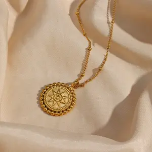 Necklace Fashion Waterproof Jewelry Stainless Steel Plated 18K Gold Retro Star Disc Pendant Necklace