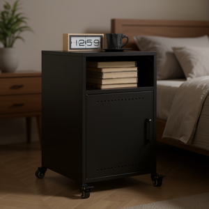 Comodino in Acciaio Laminato a Freddo Nero con Ruote, Arredamento Moderno Industriale per Camera da Letto - Product Image 2