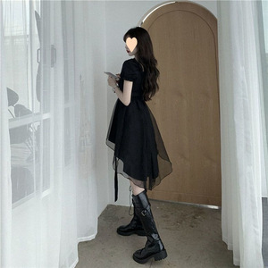 Nuovo Abito Estivo Versione Coreana Nero <span class=keywords><strong>in</strong></span> <span class=keywords><strong>Organza</strong></span> con Collo Quadrato e <span class=keywords><strong>Maniche</strong></span> a Sbuffo, Lunghezza al Ginocchio, Vita Naturale, per Donna - Product Image 2