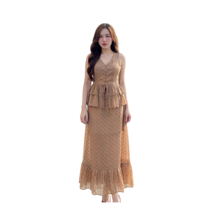 Vestido Maxi Casual de Gasa Marrón con Puntos para Mujer, Sin Mangas, con Botones Delanteros y Cintura con Volantes, Ropa de Playa a Precio Económico - Product Image 1