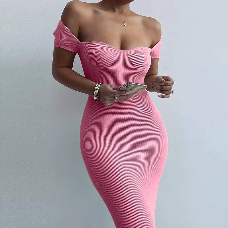 New Product 2023 Popular Women Clothes Custom Ribbed Body Con Short Sleeve Off Shoulder Women Stretch Strapless Dress