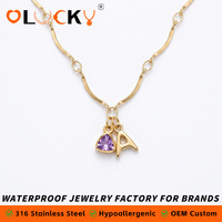 Collier avec pendentif lettre A en acier inoxydable plaqué or 18 carats, étanche, avec breloque en améthyste, bijoux personnalisés LUCKYJIU
