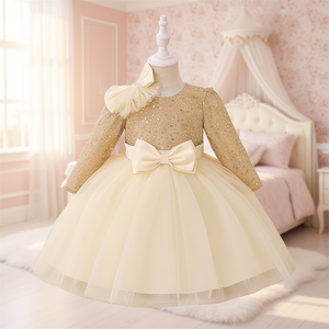 Nuovo Design Meiqiai: Abito da Compleanno per Bambine con Paillettes, Maniche Lunghe, Fiocco e Gonna Vaporosa LAL21ACX - Product Image 2