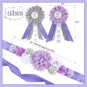 Kit de faja de maternidad para baby shower con diseño de elefante morado y gris, cinturón para el vientre con diseño floral para baby shower y broches de corsage para futuras mamás y futuros papás - Product Image 2