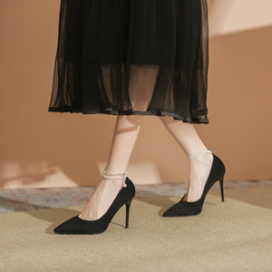 9888J Women's <b>Red</b> Suede <b>Pumps</b> Pointed Toe Ankle Strap Stiletto Heel Bridal Shoes With Pearl Bead Decoration - Product Image 2