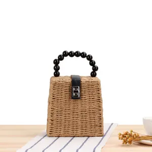 FSP225 Ladies 2024 Straw Shoulder Bag With Belt And Acrylic Beads Handle grass straw tote bag stock Square Straw Woven