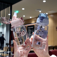 Nouvelle gourde de voyage pour enfants de 550 ml, en plastique, avec couvercle rebondissant à motif de dessin animé, paille, corde et graduations, résistante à la chaleur, mignonne, pour le sport et l'extérieur