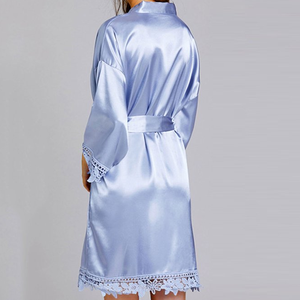 Robe de chambre en satin bleu pour femme, courte, avec dentelle, style kimono, col en V, élégante, pour soirée nuptiale, tenue de détente, chemise de nuit douce et soyeuse - Product Image 3
