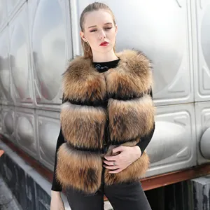 Spring Autumn Outwear Luxury Brown Color Women Sexy Raccoon Fur Gilet Vest