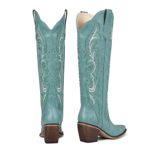 <span class=keywords><strong>Botas</strong></span> Vaqueras WETKISS para <span class=keywords><strong>Mujer</strong></span>, con Punta en Pico, Remaches y Bordados, <span class=keywords><strong>Botas</strong></span> Altas hasta la Rodilla, Tacón Grueso Vintage, para Verano - Product Image 3