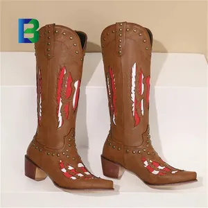 BARCHON SL4230 Botas de cowboy para mulheres, sapatos de salto grosso para mulheres, moda 2024 com rebite, botas altas e joelho, atacado de fábrica