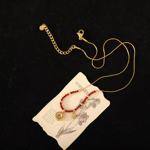 New Chinese Stainless Steel Gold Plated Trendy Geometric Pendant Necklace Collarbone <b>Chain</b> Red Bead Women's Anniversary Jewelry - Product Image 3