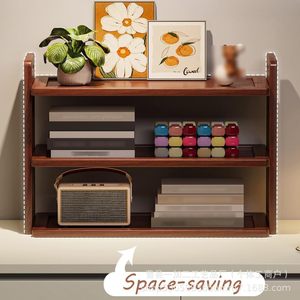 Retro Solid Wood <b>Desktop</b> Organizer Double Layer Storage Rack Multipurpose Portable Office Use - Product Image 3