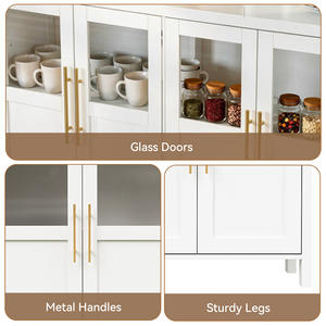 Armoire de rangement moderne en bois massif à 4 portes avec portes en verre et poignées dorées pour salon et salle à manger - Product Image 4