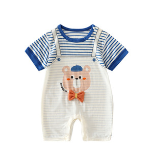 Ropa de verano unisex transpirable con estampado de oso a rayas y manga corta para bebé - Product Image 5