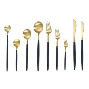 Flatware 18/10 सोना मढ़वाया कटलरी मैट काले बर्तन सेट