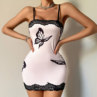 Robe nuisette confortable et respirante en dentelle à imprimé papillon noir et rose de haute qualité Deep Love