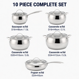 Ensemble de 10 ustensiles de cuisine en acier inoxydable, finition satinée, couvercles en verre trempé, poignées rivetées en acier inoxydable, compatible gaz, induction, électrique, vitrocéramique, lave-vaisselle - Product Image 6