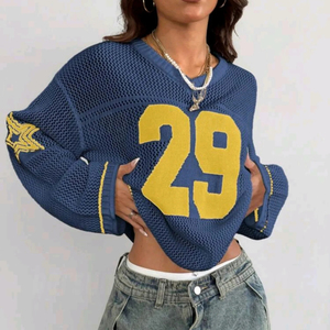 Maglione coprente oversize con logo personalizzato da <span class=keywords><strong>donna</strong></span> maglieria uncinetto <span class=keywords><strong>maglia</strong></span> <span class=keywords><strong>maglia</strong></span> <span class=keywords><strong>a</strong></span> <span class=keywords><strong>righe</strong></span> con stampa numero - Product Image 2