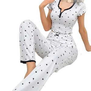Pyjama long imprimé cœur à col en V et manches courtes pour femme, nouvelle collection printemps-automne transfrontalière Europe-Amérique - Product Image 5