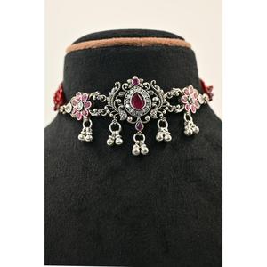 High quality Flower Pattern Tibetan <b>Silver</b> Oxidised Chik Set Necklace With Red Beads And Cubic Zirconia For Women WeddingJewelry - Product Image 2