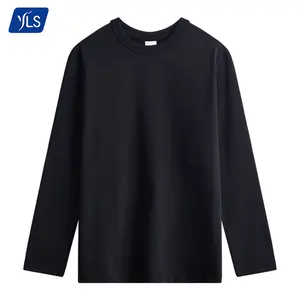 YLS高品质长袖t恤男士100% 纯棉素黑时尚男士透气圆领长袖t恤